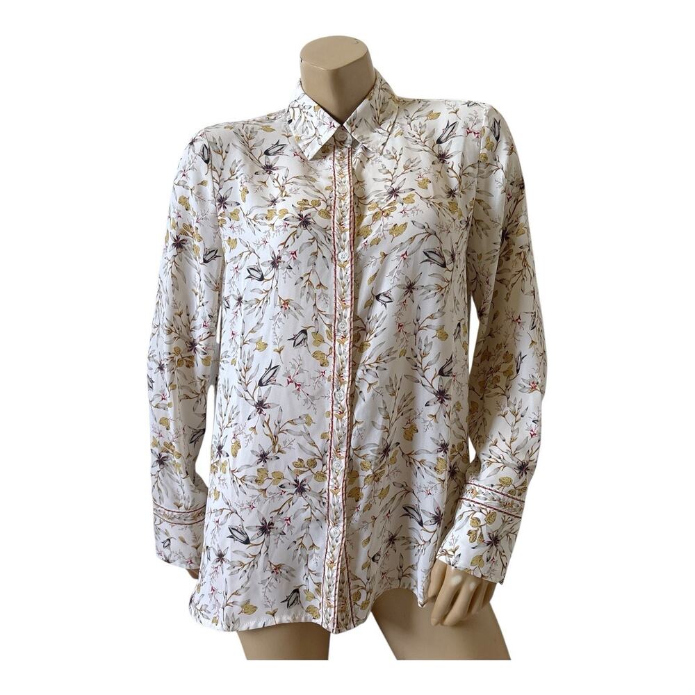 Max Studio London Button Front Blouse Womens L Ivory Floral Long Sleeve Collared